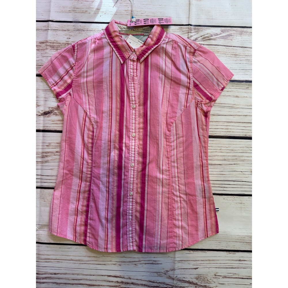 Izod Womens Pink Striped Short Sleeve Button Down Cotton Shirt Small S/P